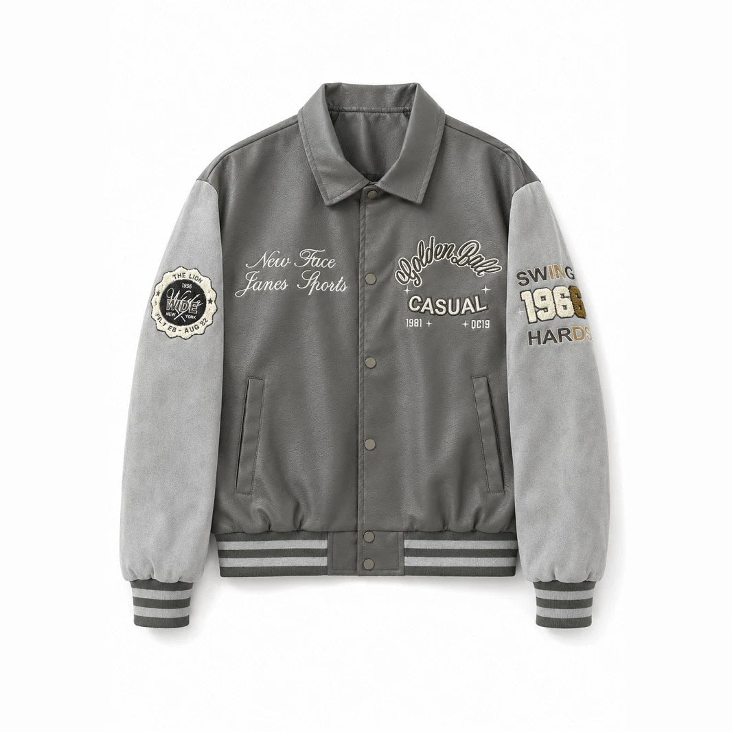 Herren Varsity-Bomberjacke im College-Stil mit Kunstleder-Körper, Veloursleder-Optikärmeln und bestickten Patches Nord Taschen