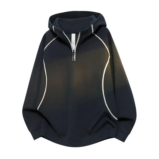 Unisex Oversize Waffelstruktur-Halbzip-Hoodie mit Raglanärmeln und Kontrastpaspeln Nord Taschen