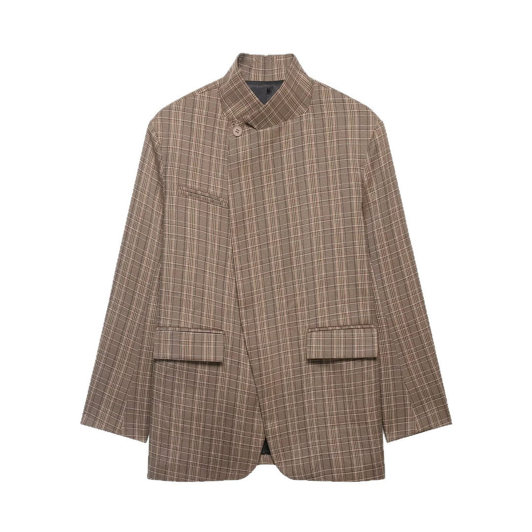 Damen Kurzblazer im Karo‑Muster mit Stehkragen, asymmetrischer Knopfleiste und Pattentaschen Nord Taschen