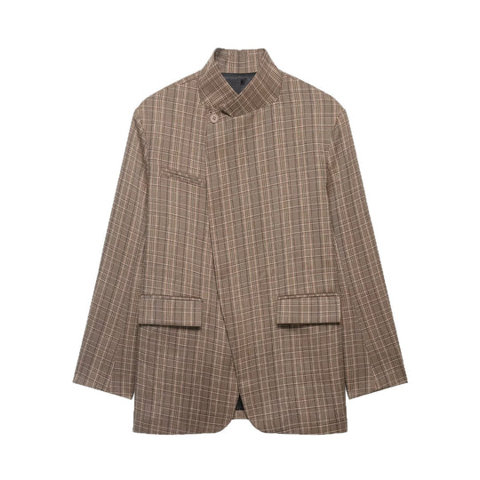 Damen Kurzblazer im Karo‑Muster mit Stehkragen, asymmetrischer Knopfleiste und Pattentaschen Nord Taschen