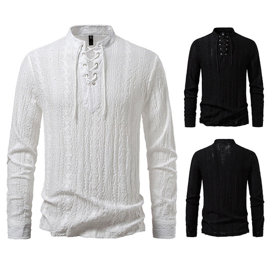 Herren Feinstruktur Henley-Langarmshirt mit Schnürung und Stehkragen Nord Taschen
