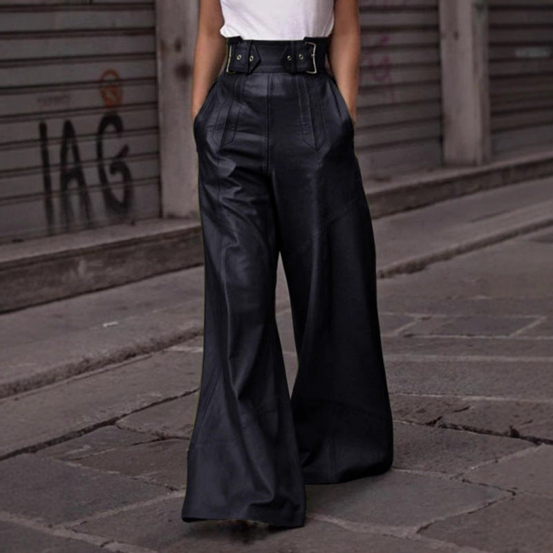 Damen weite High-Waist Palazzo-Hose aus Lederimitat mit Breitbund Nord Taschen