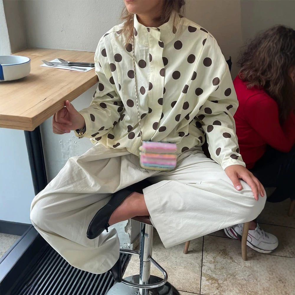 Damen Boxy Hemdjacke mit Stehkragen, Ballonärmeln und großem Polka‑Dot‑Print Nord Taschen