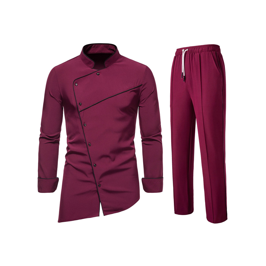 Herren Kochjacke- und Hose-Set aus pflegeleichtem Mikrofaser mit asymmetrischer Knopfleiste und schwarzer Paspelierung Nord Taschen