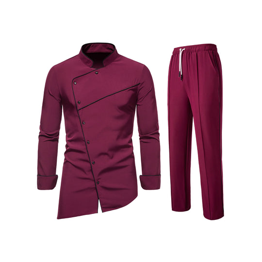 Herren Kochjacke- und Hose-Set aus pflegeleichtem Mikrofaser mit asymmetrischer Knopfleiste und schwarzer Paspelierung Nord Taschen