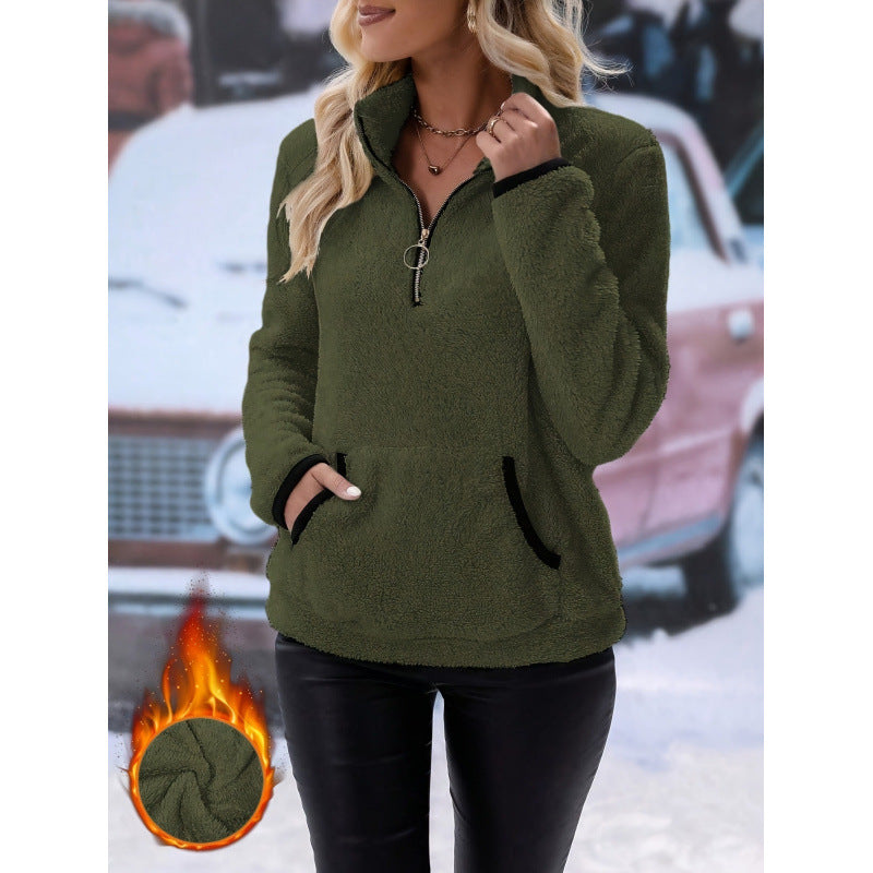Damen flauschiger Fleece-Kuschelpullover mit halbem Reißverschluss, Kängurutasche und Stehkragen Nord Taschen