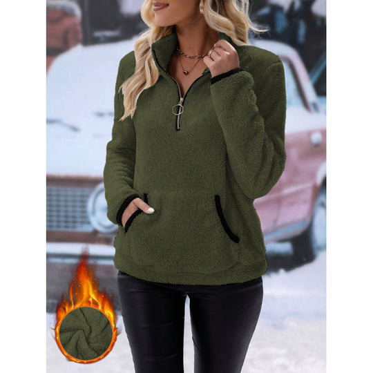Damen flauschiger Fleece-Kuschelpullover mit halbem Reißverschluss, Kängurutasche und Stehkragen Nord Taschen