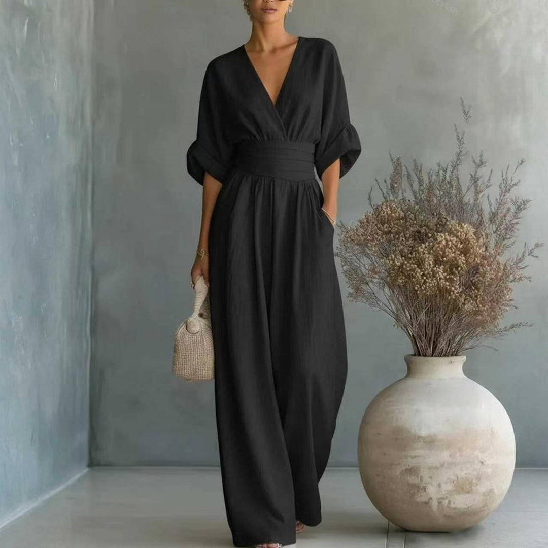 Damen Jumpsuit mit elegantem V-Ausschnitt und weitem Bein R&B