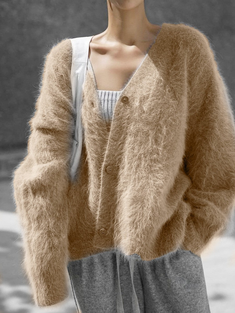 Damen Flauschige Mohair-Optik Strickjacke mit V-Ausschnitt und Oversize-Schnitt Nord Taschen