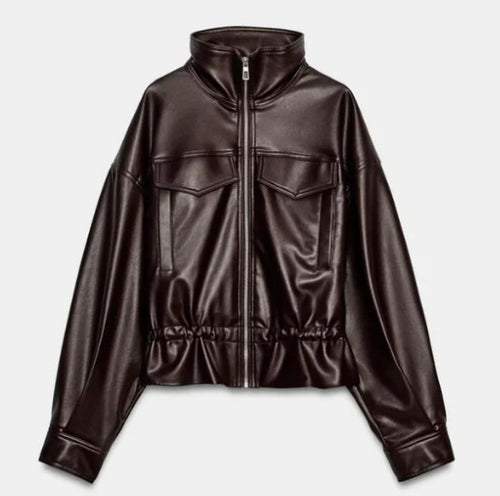 Damen Cropped Kunstleder‑Blouson mit Stehkragen, Pattentaschen und Tunnelzugtaillierung Nord Taschen