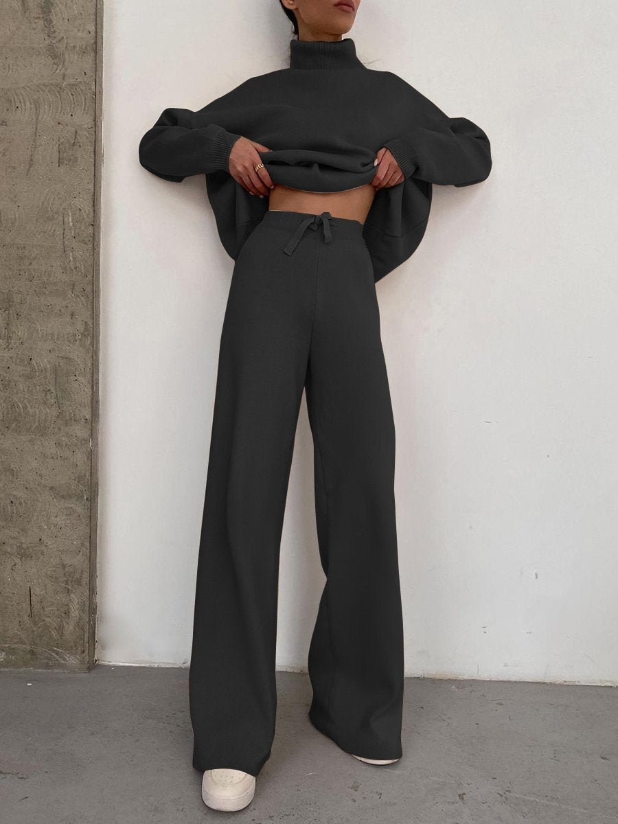 Damen Weite Strickhose mit hoher Taille, Tunnelzug und weitem Bein Nord Taschen