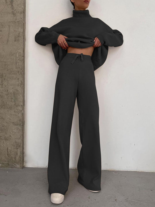 Damen Weite Strickhose mit hoher Taille, Tunnelzug und weitem Bein Nord Taschen