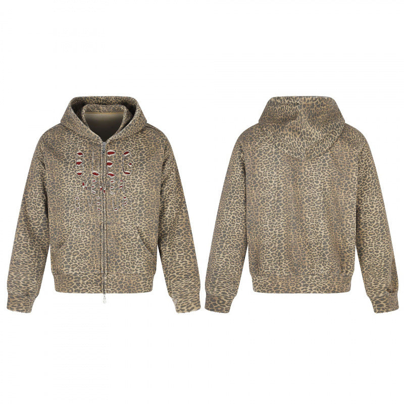 Unisex Kapuzenjacke im Leo‑Allover mit Vintage‑Effekt, Reißverschluss und Destroy‑Stickerei Nord Taschen
