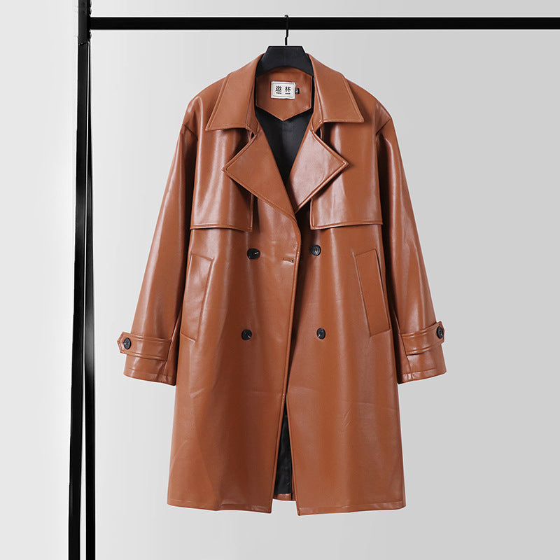 Herren Lederimitat-Trenchcoat mit Doppelreiher, Oversize-Schnitt und Manschettenriegel Nord Taschen