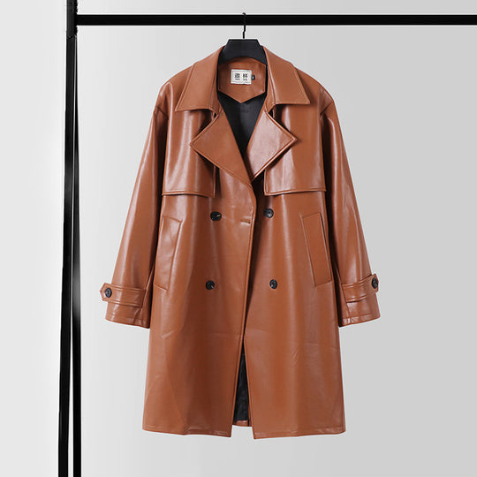Herren Lederimitat-Trenchcoat mit Doppelreiher, Oversize-Schnitt und Manschettenriegel Nord Taschen