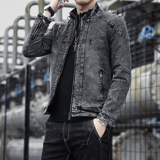 Herren Slim-Fit Denim-Workerblouson mit Stehkragen und Zipper-Details Nord Taschen