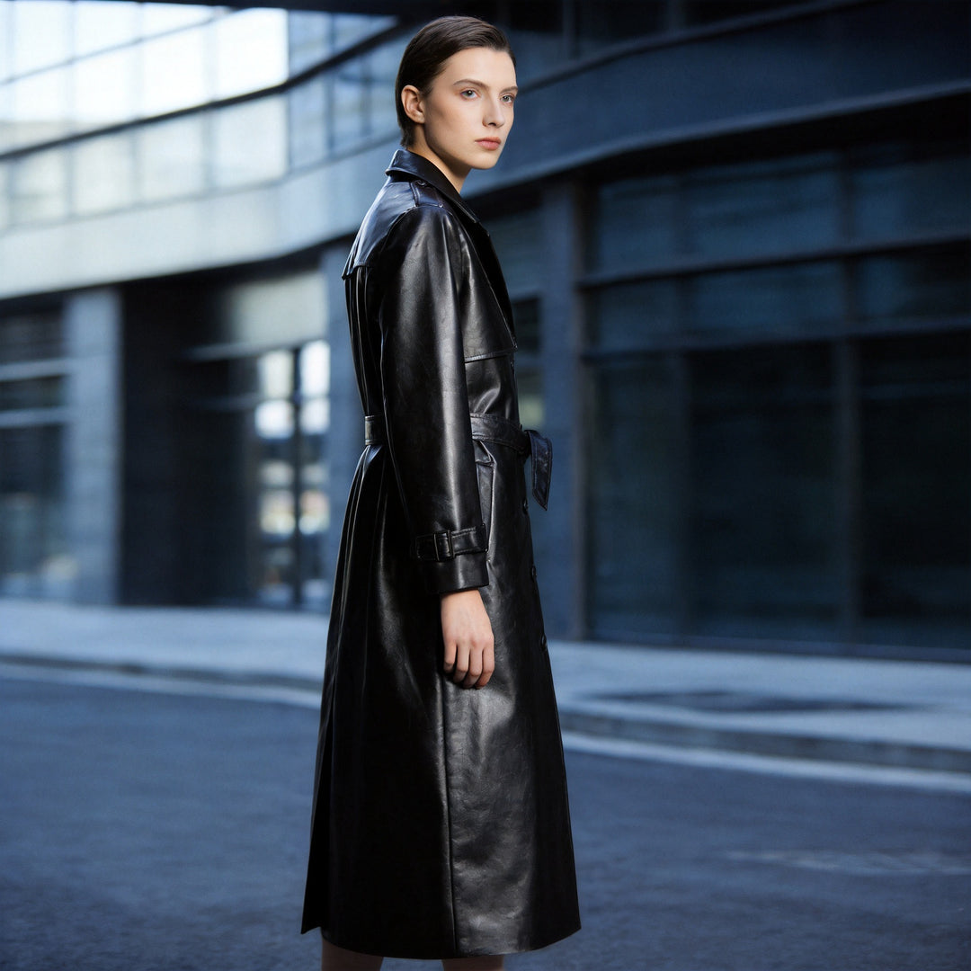 Damen Langer Lederoptik-Trenchcoat mit taillierendem Bindegürtel und Epauletten Nord Taschen