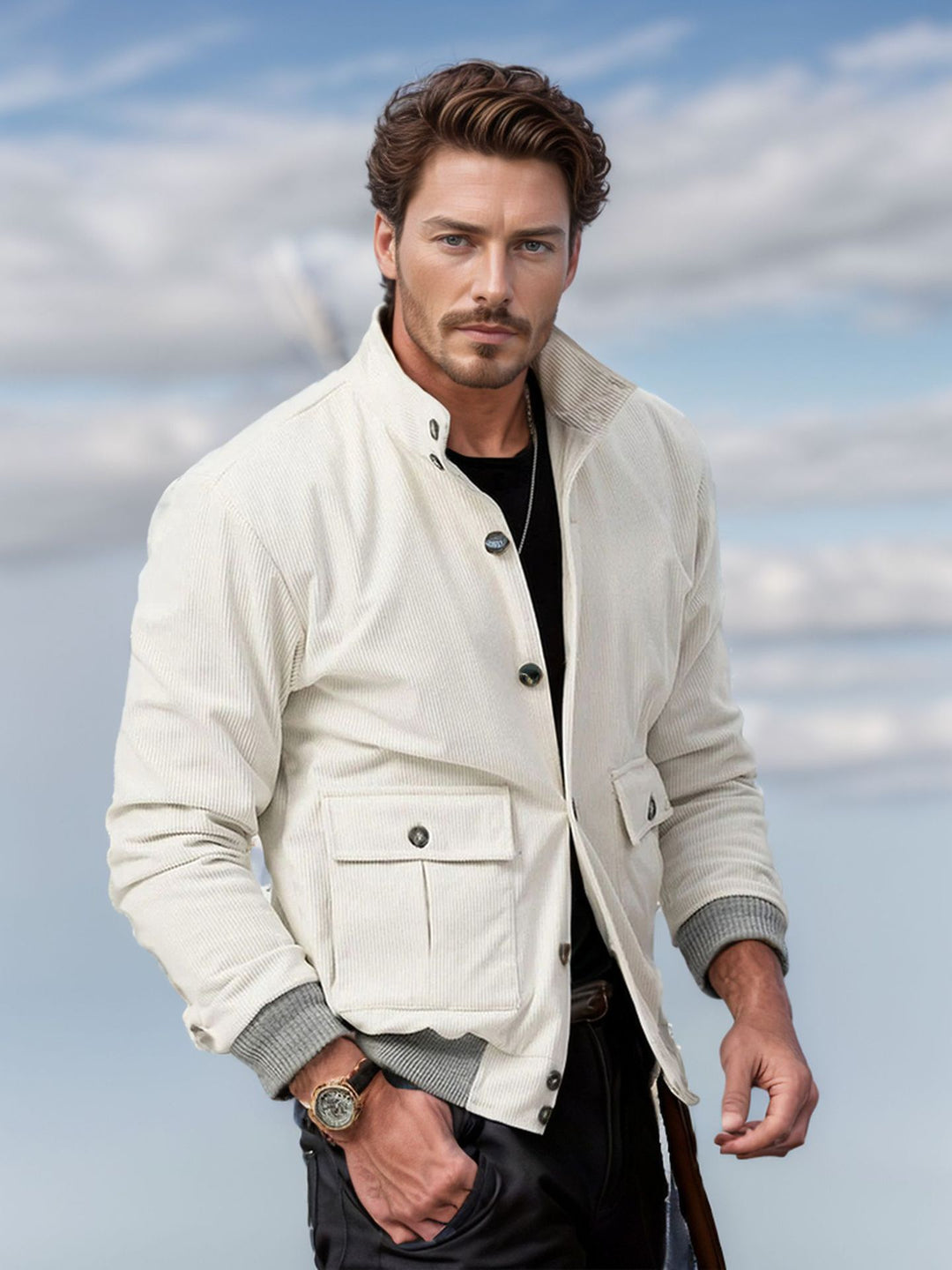 Herren Corduroy-Fieldjacke mit Pattentaschen und Stehkragen Nord Taschen