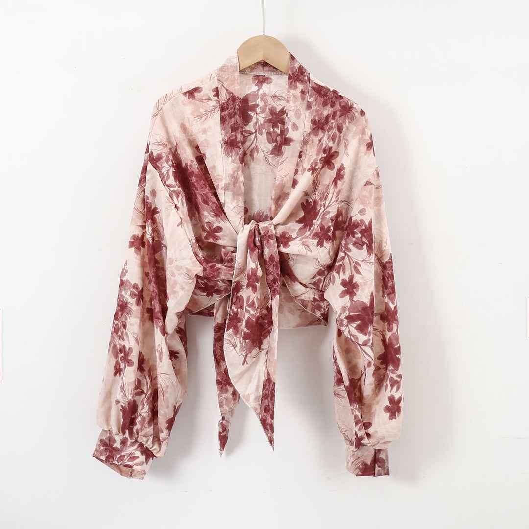 Damen nan florale Knoten-Bluse im Wickelstil mit Ballonärmeln und leichter Leinenoptik