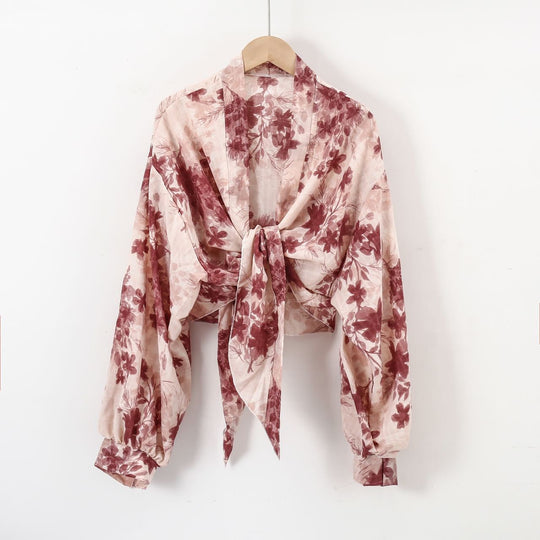 Damen nan florale Knoten-Bluse im Wickelstil mit Ballonärmeln und leichter Leinenoptik