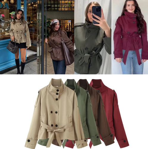 Damen 400+ kurzer taillierter Trenchblouson mit Stehkragen, doppelreihiger Knopfleiste und Bindegürtel Nord Taschen