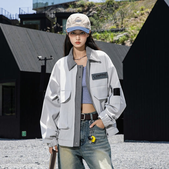 Damen Oversize Utility-Jacke mit Fleece‑Kragen & Multifunktions‑Taschen Nord Taschen