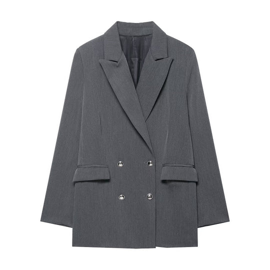 Damen Oversized strukturierter Doppelreiher-Blazer mit weitem Revers und Pattentaschen Nord Taschen