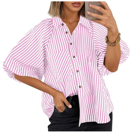 Damen Oversize Hemdbluse mit Ballonärmeln und vertikalem Streifenmuster Nord Taschen