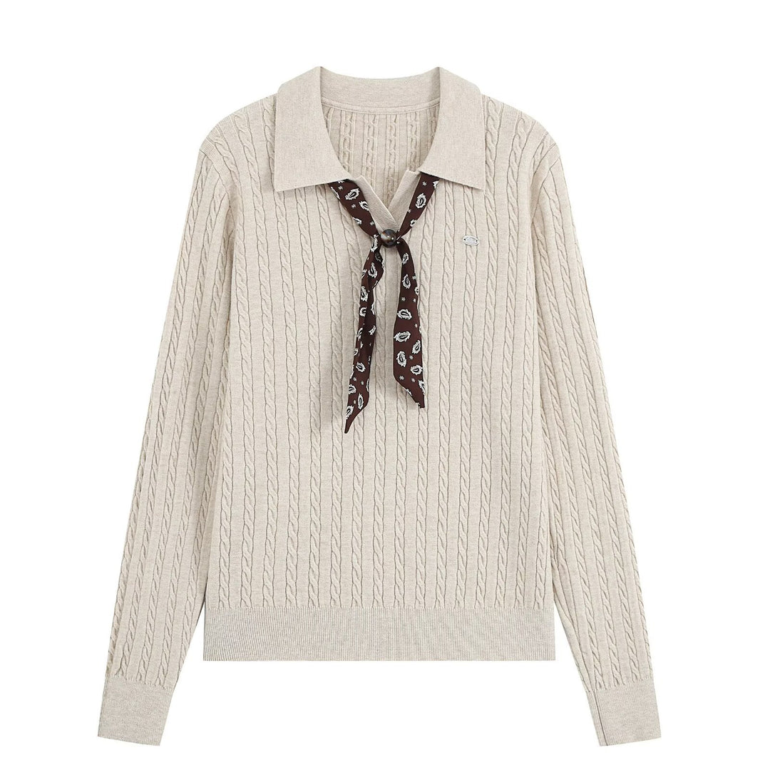 Damen Strickpullover mit Troyer‑Kragen und Zierkrawatte Nord Taschen