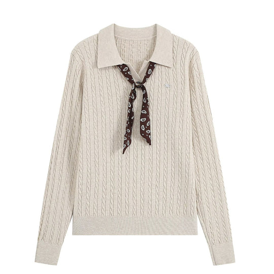 Damen Strickpullover mit Troyer‑Kragen und Zierkrawatte Nord Taschen