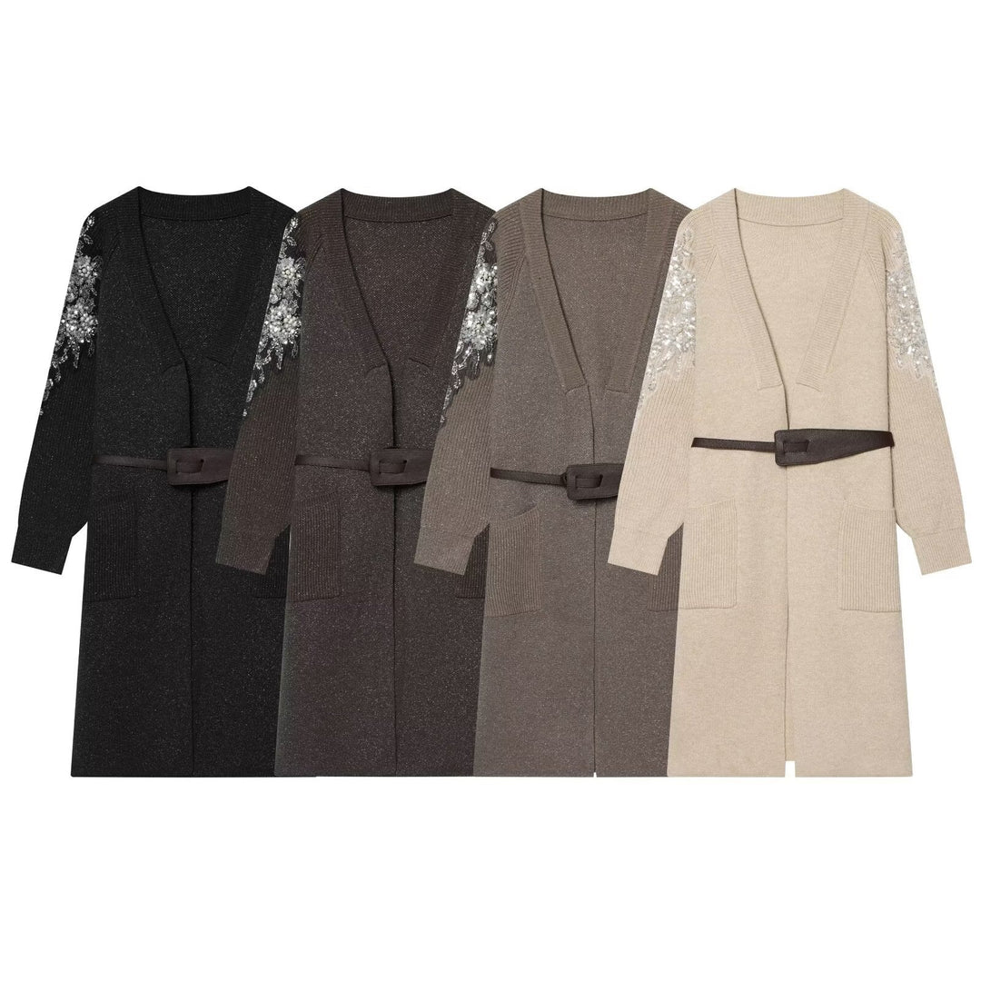 Damen Lange Strickmantel-Cardigan mit Taillengürtel und Paillettenärmeln Nord Taschen