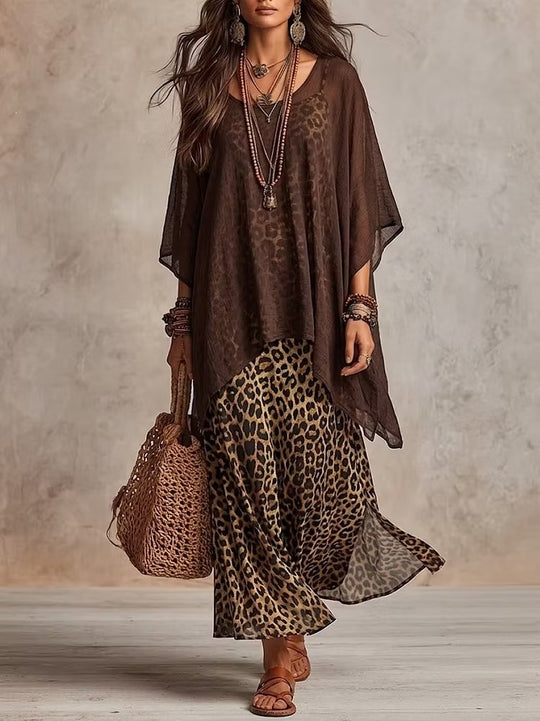 Damen Boho-Maxikleid mit transparentem Poncho-Overlay und Leopardenmuster Nord Taschen
