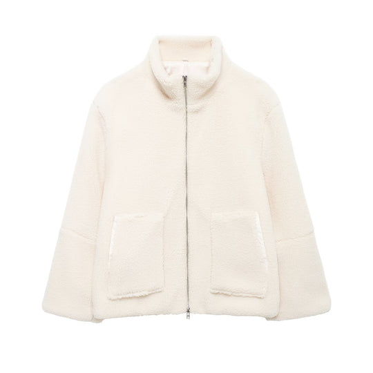 Damen Teddy-Fleece-Jacke mit Stehkragen und Lederoptik-Details Nord Taschen