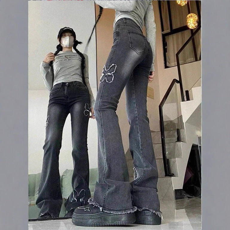 Damen Hochtaillierte Flared-Jeans mit Schmetterlingsstickerei, rohem Saum und sculptendem Stretchbund Nord Taschen