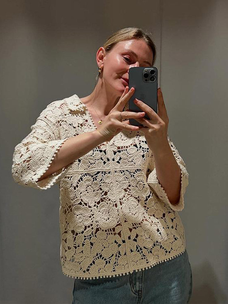 Damen Gehäkelte Bluse mit floralem Ajourmuster und dreiviertel Ärmeln Nord Taschen