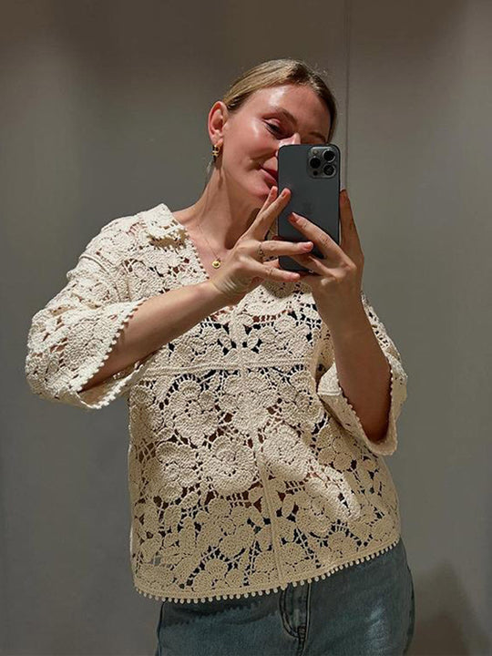 Damen Gehäkelte Bluse mit floralem Ajourmuster und dreiviertel Ärmeln Nord Taschen