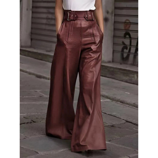 Damen weite High-Waist Palazzo-Hose aus Lederimitat mit Breitbund Nord Taschen