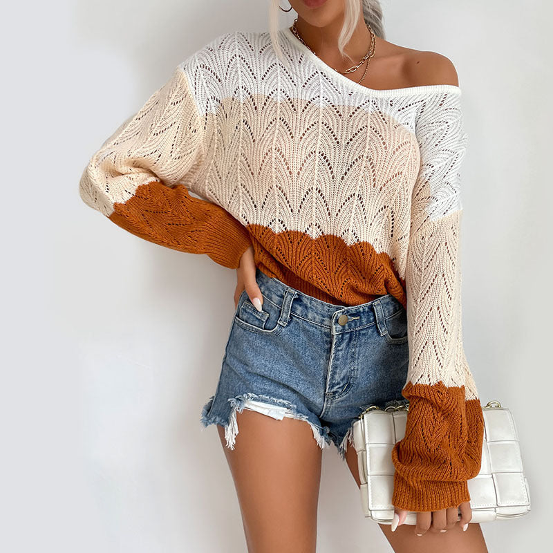 Damen Oversize-Ajourstrickpullover mit Carmen-Ausschnitt, Ballonärmeln und geripptem Saum Nord Taschen