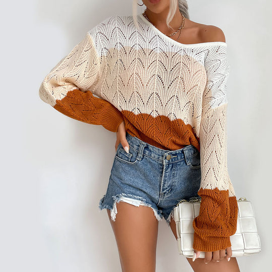 Damen Oversize-Ajourstrickpullover mit Carmen-Ausschnitt, Ballonärmeln und geripptem Saum Nord Taschen