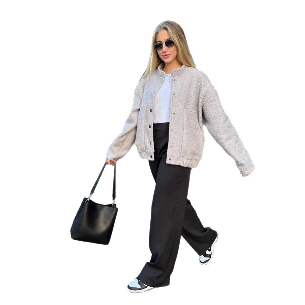 Damen Teddy-Fleece Bomberjacke im Boxy-Cut mit Druckknopfverschluss und aufgesetzten Taschen Nord Taschen