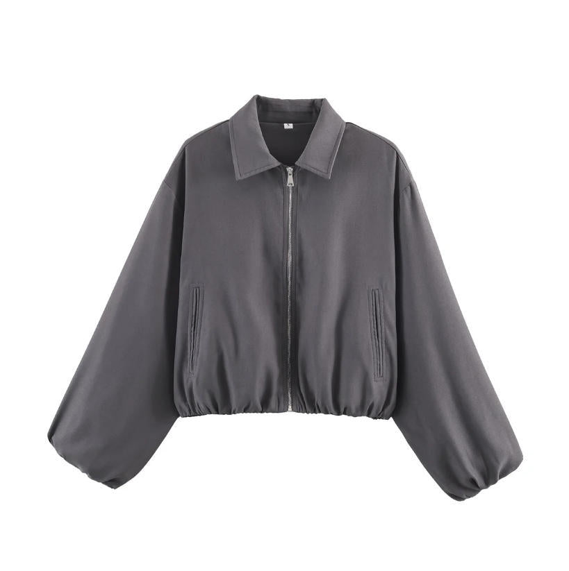 Damen Gekürzte Bomberjacke im Harrington‑Stil mit Ballonärmeln und elastischem Saum Nord Taschen