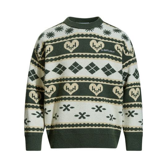 Herren Gemusterter Grobstrick-Pullover im Norwegerstil mit Rundhalsausschnitt Nord Taschen