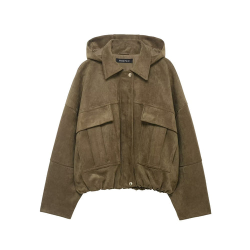 Damen Oversize-Cropped Wildlederoptik-Jacke mit Kapuze und aufgesetzten Pattentaschen Nord Taschen