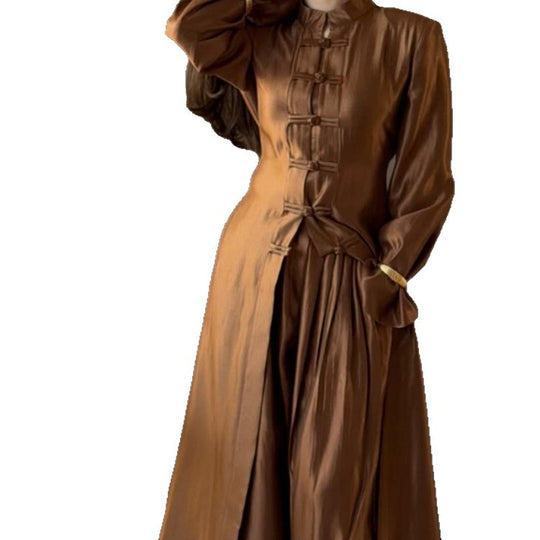 Damen Maxikleid mit Stehkragen, traditionellem Knotenverschluss und Ballonärmeln Nord Taschen
