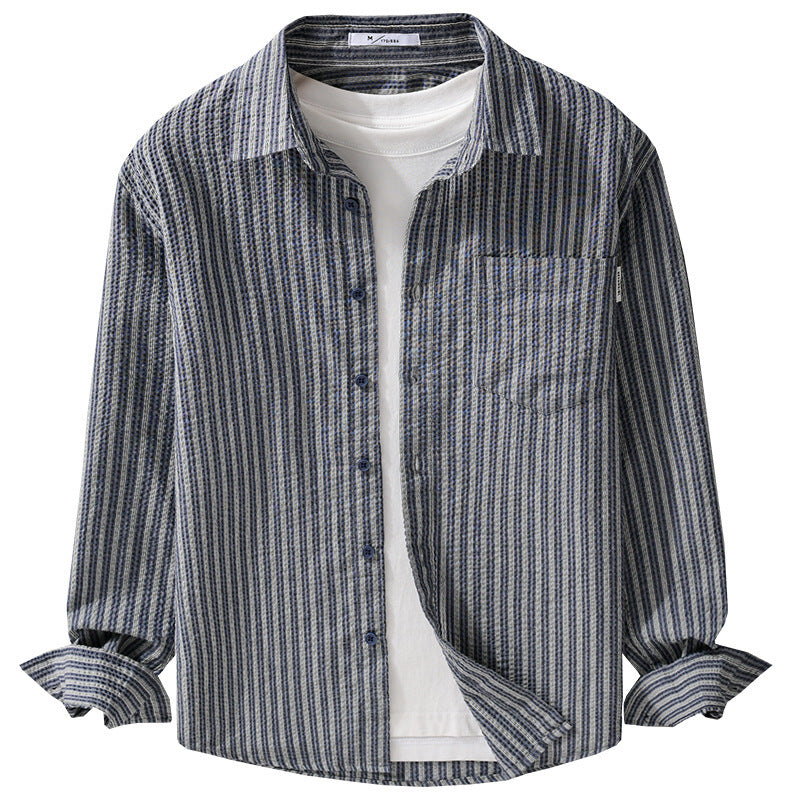 Herren Gestreiftes Relaxed-Overshirt aus strukturiertem Baumwollmix mit Brusttasche Nord Taschen