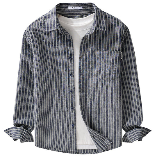 Herren Gestreiftes Relaxed-Overshirt aus strukturiertem Baumwollmix mit Brusttasche Nord Taschen