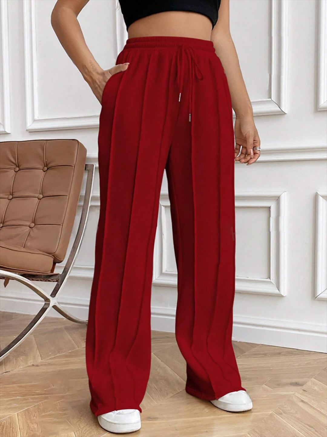 Damen Weite High-Waist Plissee-Hose mit Tunnelzug und markanter Bügelfalte Nord Taschen