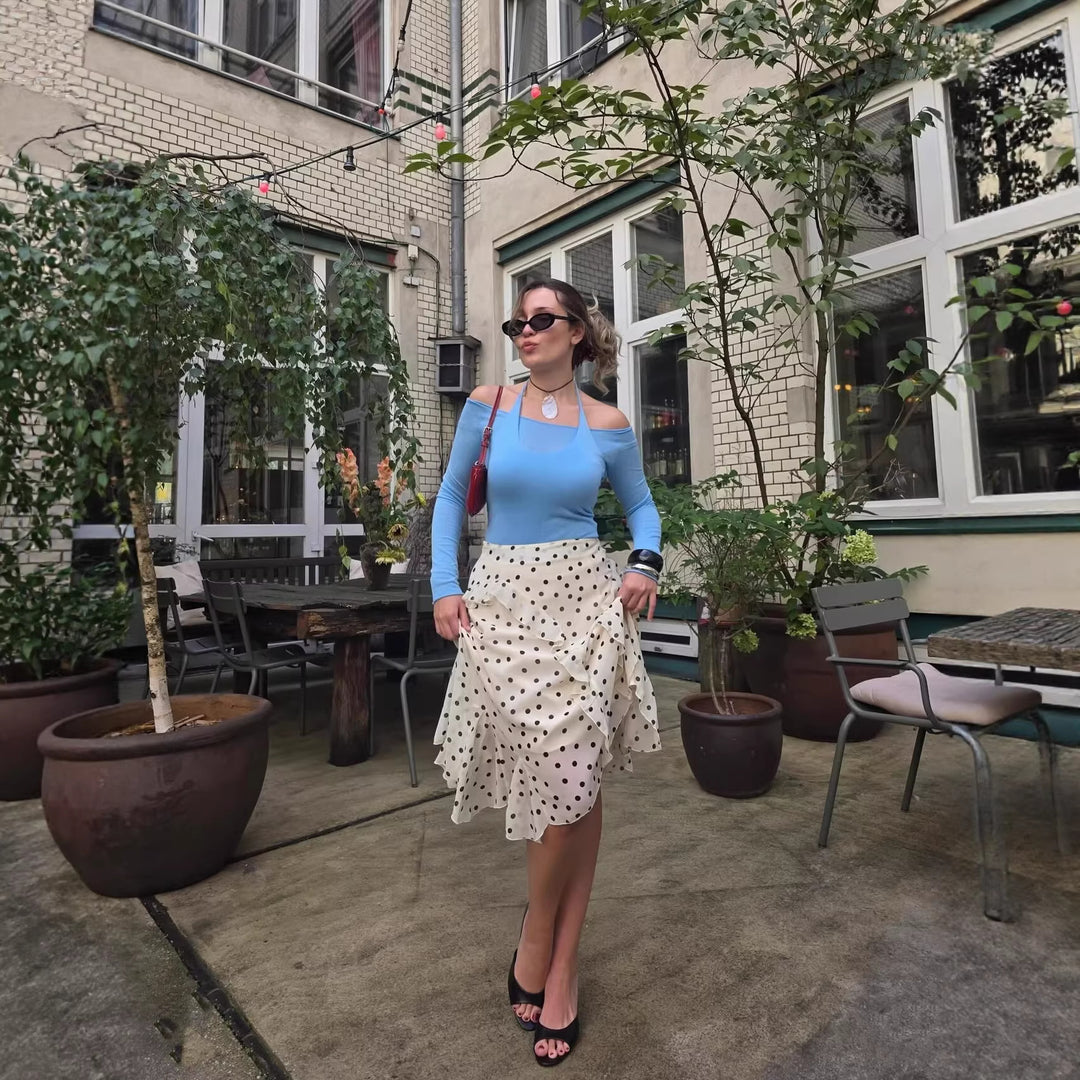 Damen Verspielter Midirock mit Wickeloptik Volants und Polka‑Dot‑Print Nord Taschen