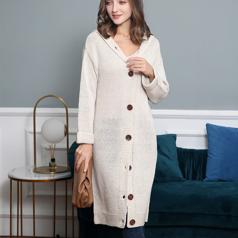 Damen Kapuzen-Longcardigan aus mitteldickem Rippstrick mit durchgehender Knopfleiste und lockerem Oversize-Schnitt Nord Taschen