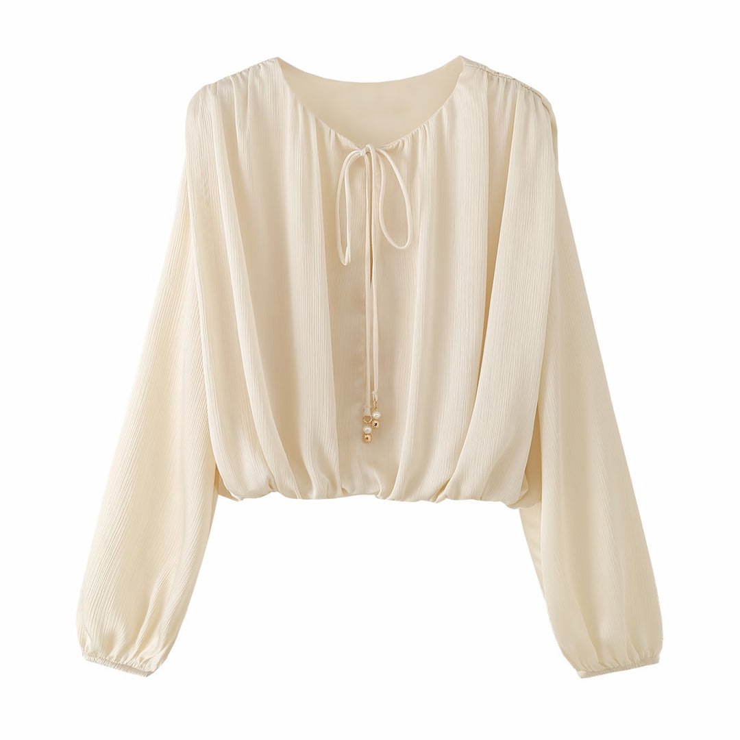Damen Leichte Plissée-Cropped-Bluse mit Tunnelzugkragen und Ballonärmeln Nord Taschen
